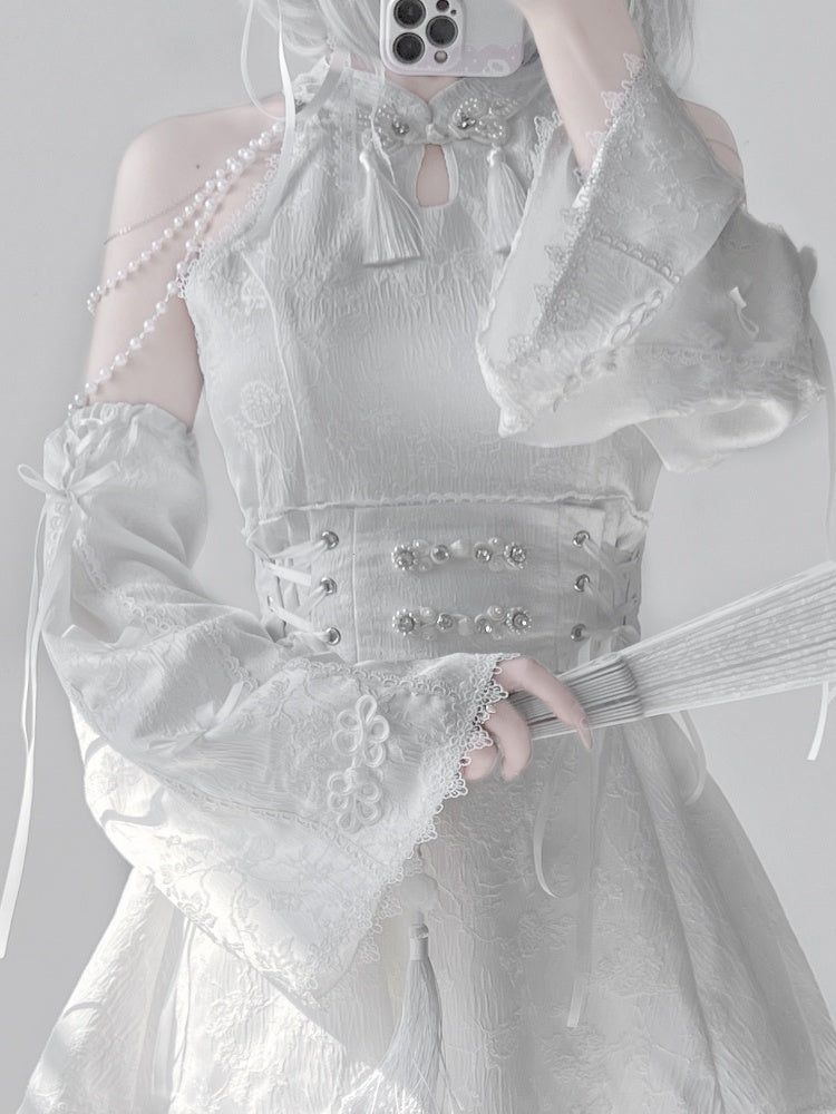 Jirai Kei White Jacquard Bow Cheongsam Style Flared Armwear Accents