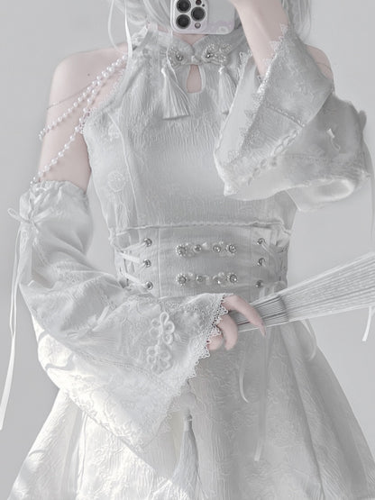 Jirai Kei White Jacquard Bow Cheongsam Style Flared Armwear Accents