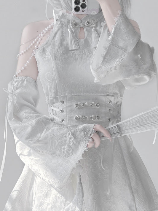 Jirai Kei White Jacquard Bow Cheongsam Style Flared Armwear Accents