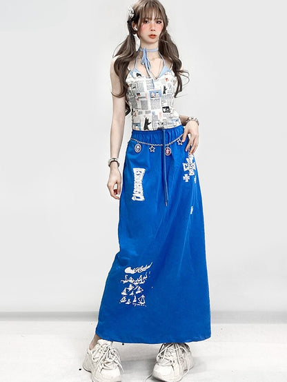 新聞プリントのキャミソールトップ（ブルー）グラマラス