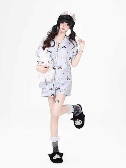 Grey Cute Otaku Kitten Print Short Lounge Wear Two-Piece Set - Short-Sleeve Top + Shorts - CRAZY GIRL