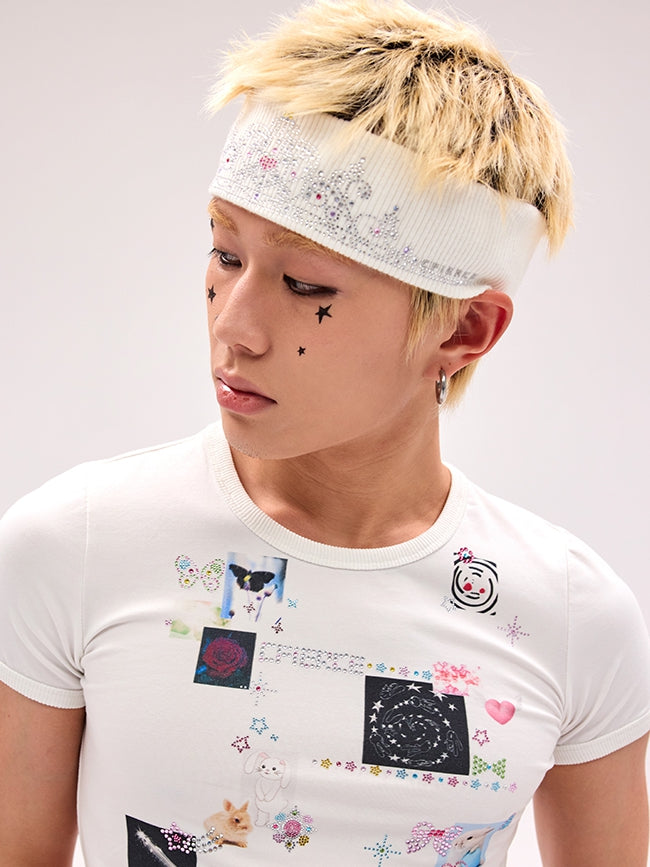 Knitted Hairband Crown Rhinestone Y2K White