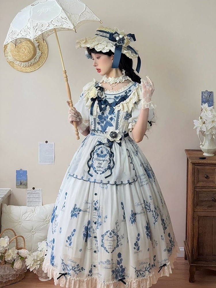 Self-tie Poetry‌ Classic Sash Lolita Sizes Plus Blue Print Elegant and with Available Mulberry Dress