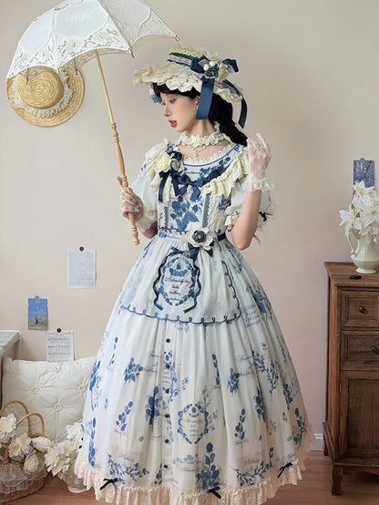 Self-tie Poetry‌ Classic Sash Lolita Sizes Plus Blue Print Elegant and with Available Mulberry Dress