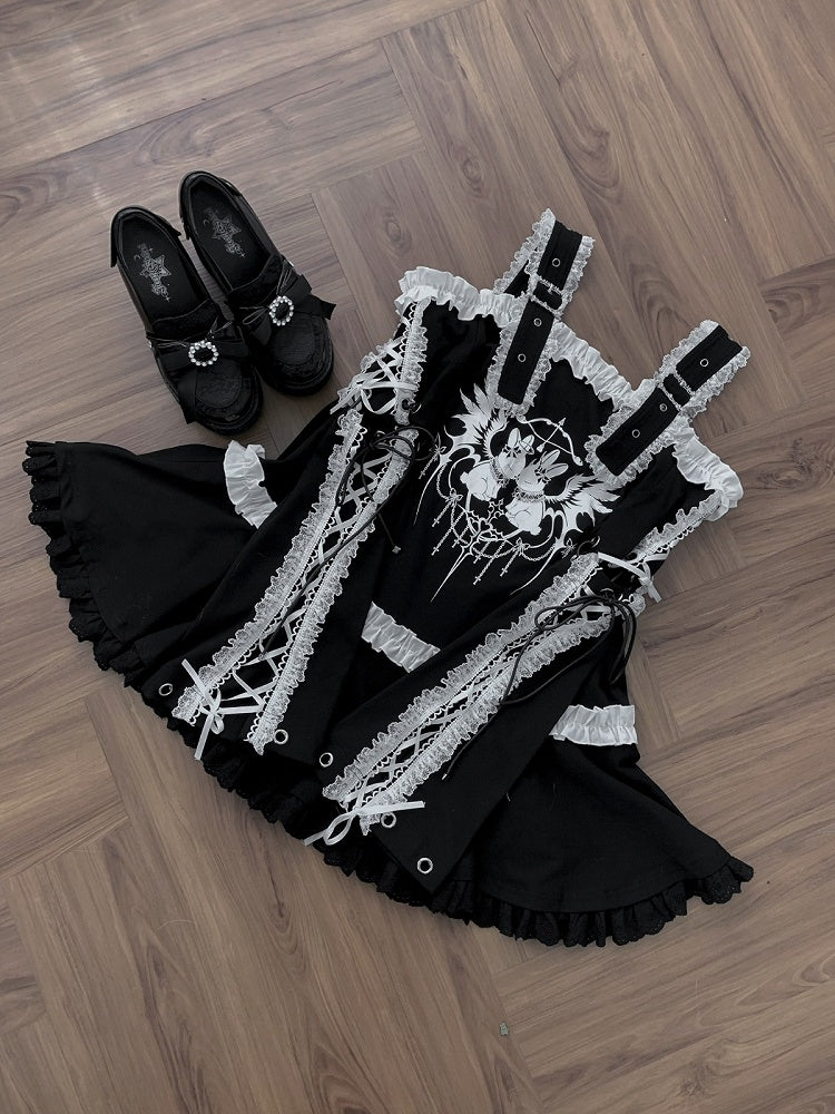 Bunny Print Black Off-Shoulder Long-Sleeve Jirai Kei T-Shirt Dress with Ruffles - Ekomi