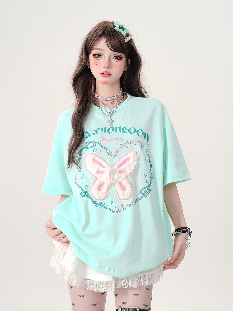 and Lettering Print Butterfly Green T-Shirt with Soft-Textured Oversized Mint Embroidery
