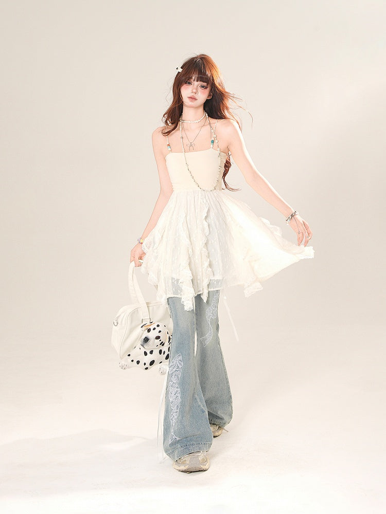 カスケードフリルアクセントレースキャミソールトップ ブルー/アプリコット