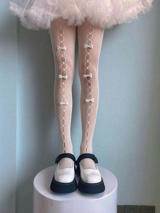 ホワイト ブラック セミシースルー 蝶結び カットアウト ロリータ ストッキング