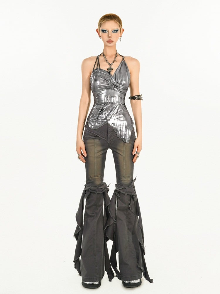 Silver Cyberpunk Metal Buckle Sleeveless Top with Asymmetrical Design