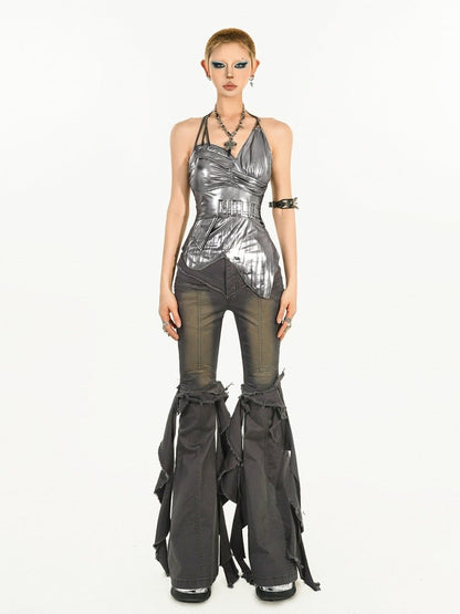 Silver Cyberpunk Metal Buckle Sleeveless Top with Asymmetrical Design
