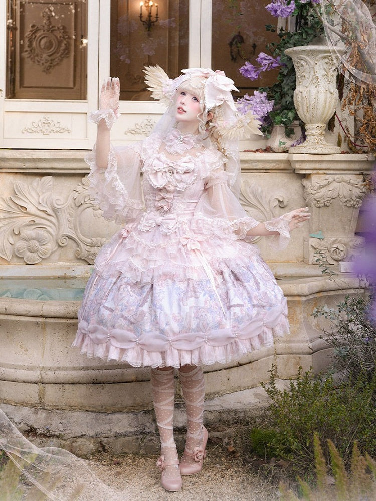 with Dress Hem Sleeves Bell Bear Lolita Angel Ribbon Pink Print Sweet