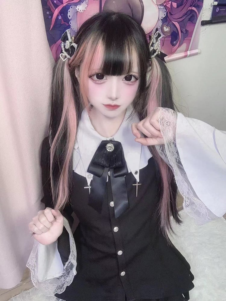 Tiered Lace Gothic Flat Skirt Collar with + Set: Two-Piece White and Black Bell Pointed Trim Sleeves Top