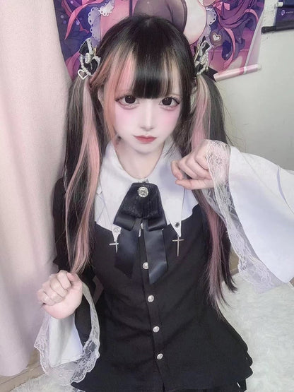 Tiered Lace Gothic Flat Skirt Collar with + Set: Two-Piece White and Black Bell Pointed Trim Sleeves Top