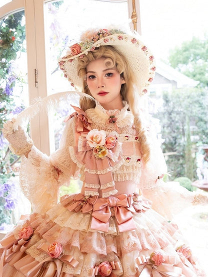 Lolita Straw and Wide-Brimmed Feather Hat Beige Flower Embellished