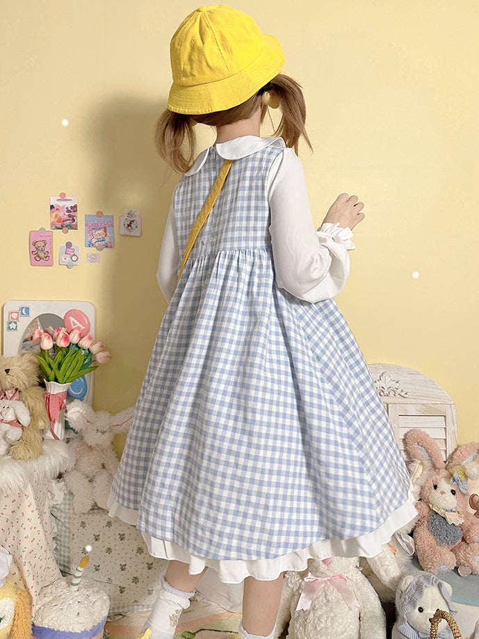 キュートなチキン柄ライトブルーチェック柄ピーターパンカラー長袖ワンピース