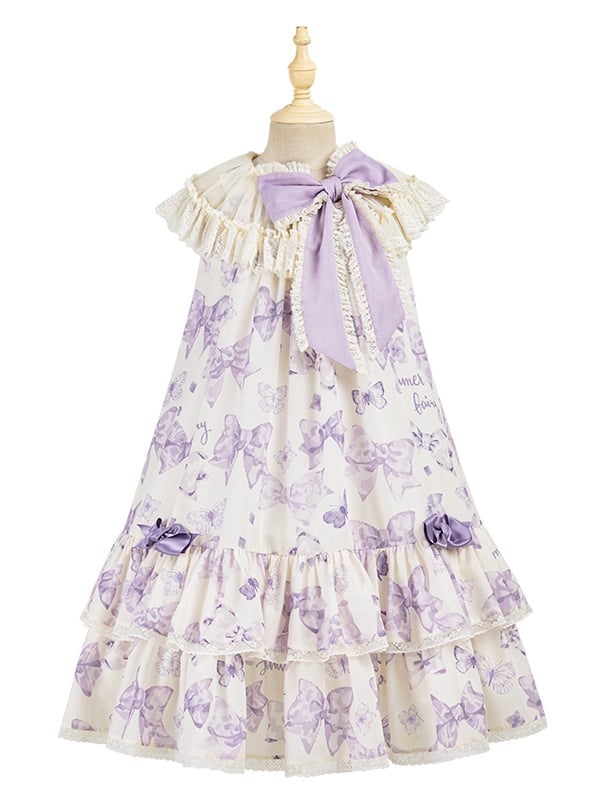 Purple Big Bowknot on Neckline Bows Print Double Layered Lolita Dress