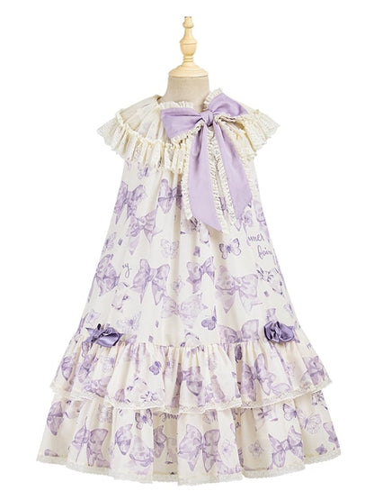 Purple Big Bowknot on Neckline Bows Print Double Layered Lolita Dress
