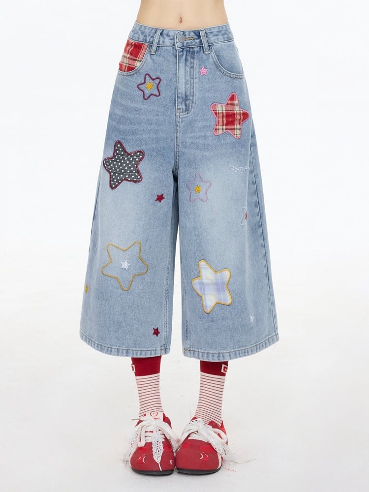 Cute Light Blue Cropped Wide-Leg Denim with Star Patches - Rayohopp