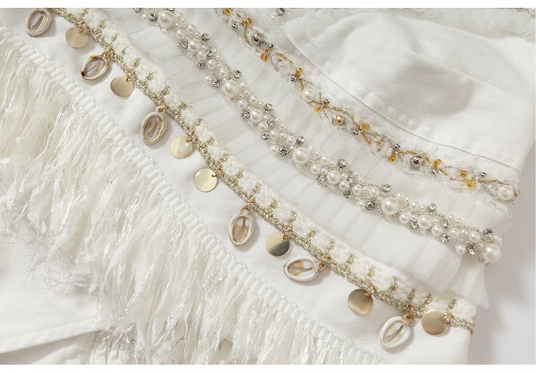 Black/White Crossover Design Bead Hem Details Fringe Baroque