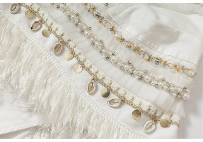 Black/White Crossover Design Bead Hem Details Fringe Baroque