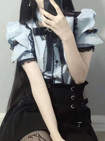 Jirai Kei Illusion Neckline Light Trim Flounce with Blouse Lace Flutter Sleeves  Black Blue