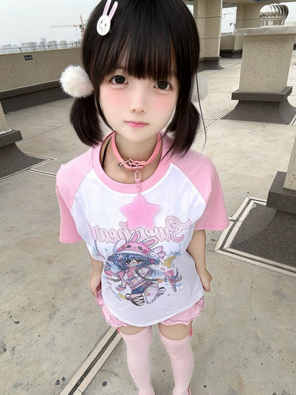Anime Girl Print T-Shirt Star with Choker Pink and White Colorblock Design Free