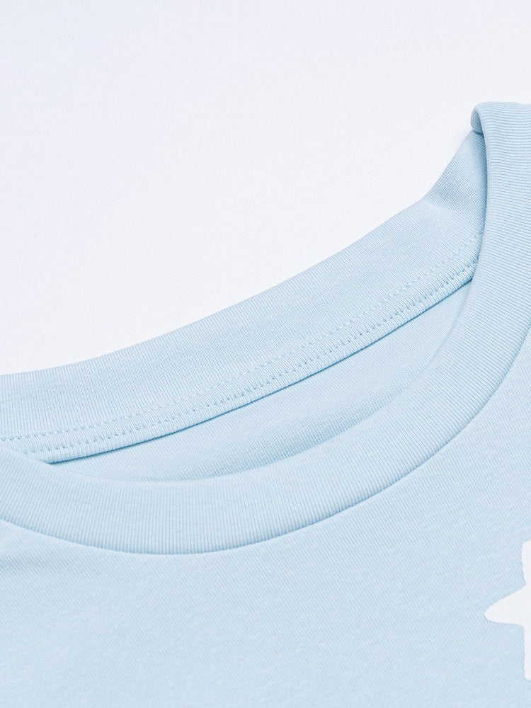 Blue Puff Sleeve Crew Neck Top with Rocking Horse Print - Languid Park