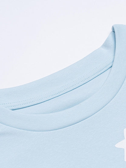 Blue Puff Sleeve Crew Neck Top with Rocking Horse Print - Languid Park