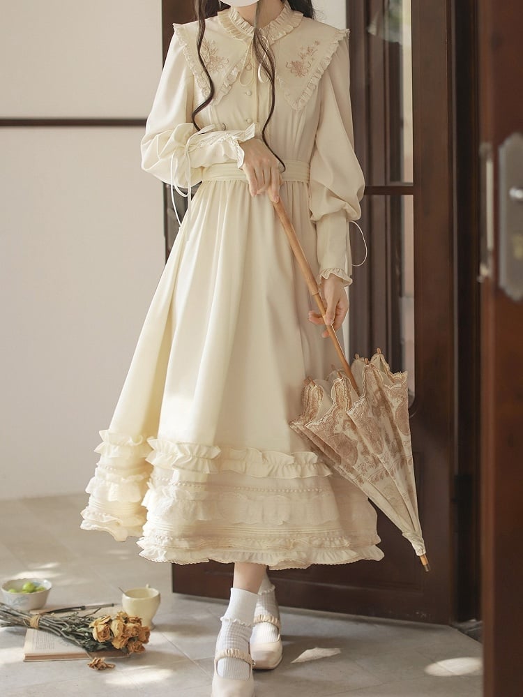 with Floral Cuffs Leg-of-Mutton Collar Vintage Sleeves Apricot Dress Lace-up Embroidery