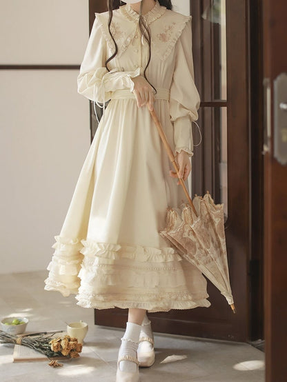 with Floral Cuffs Leg-of-Mutton Collar Vintage Sleeves Apricot Dress Lace-up Embroidery