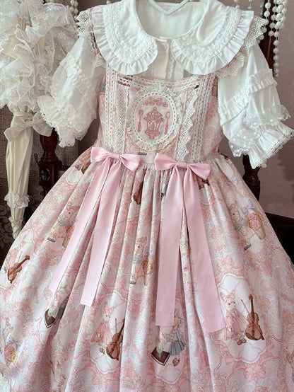 JSK Violin Dress Sweet and Lolita Waist High Bunny Print Pink
