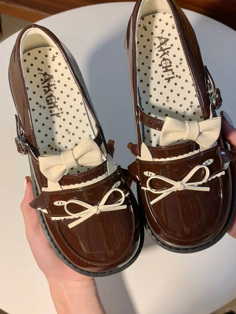 Low-heel with Brown PU Lamb Heart Dazed Buckle and Bow Details Shoes JK Cute