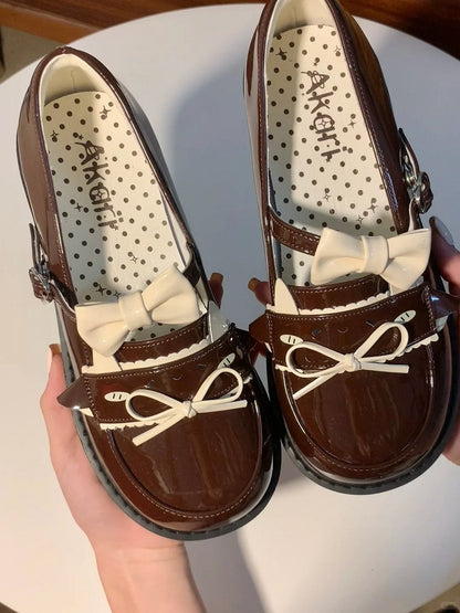 Low-heel with Brown PU Lamb Heart Dazed Buckle and Bow Details Shoes JK Cute