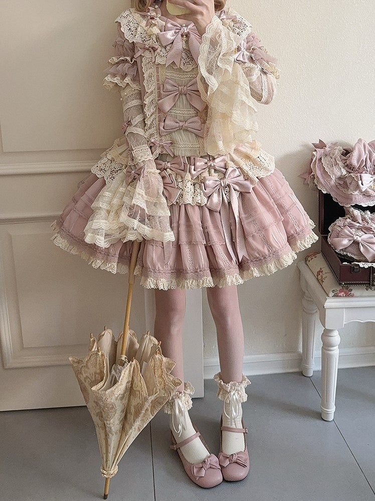 and Details Detachable Beige Bows with Bead Embellished Pink Sleeves Lace