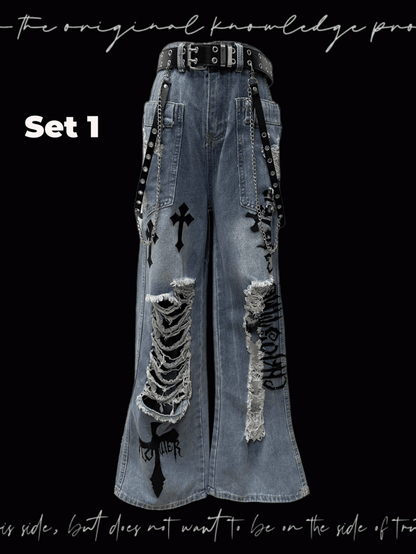 Jeans Wash Glamorous Flared Faded Blue Distressed Holes Cross Appliques
