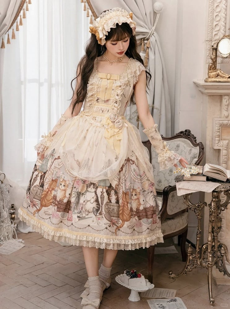 Beige Cat Print Lace Ruffles Sweet Lolita JSK Dress with Drawstring Overlay - NyaNya