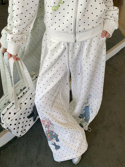 Design Pattern Polka-dot Pants Cartoon Girl Wide-leg White with Pull-on