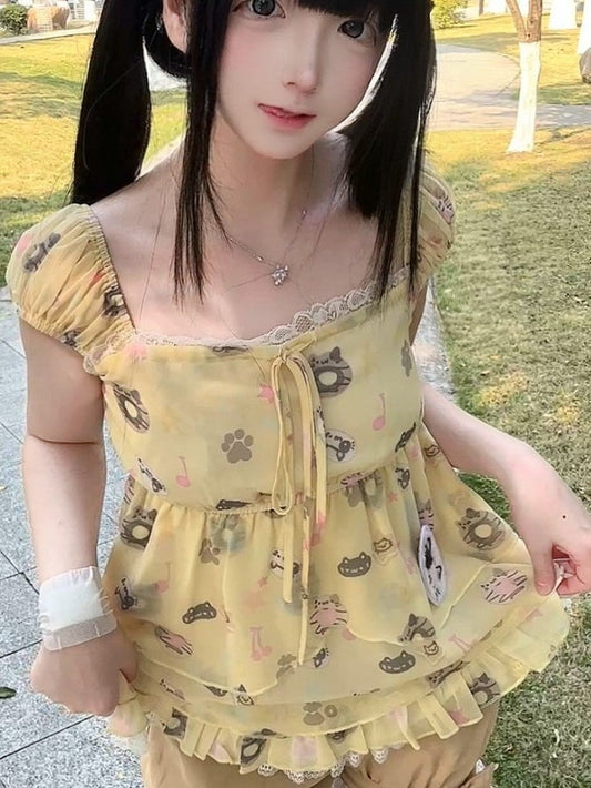 Sleeve Lace Short Cat Yellow with Accents Print Top Kawaii