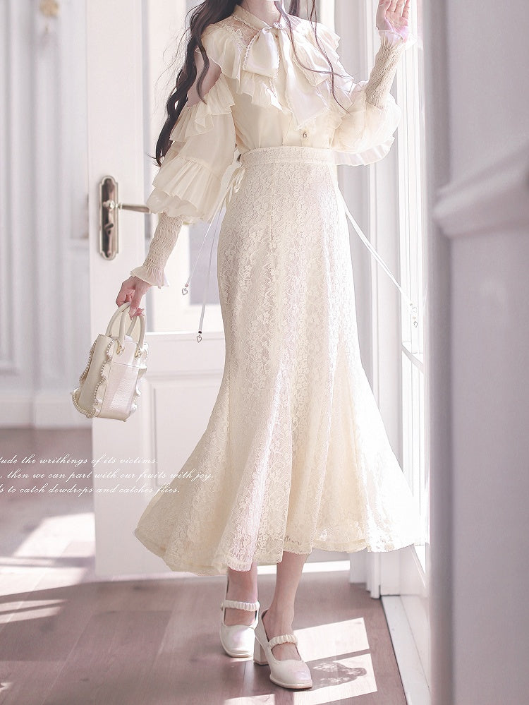 Blouse Jirai Beige Elegance: - Aesthetic Innocent Cutout Clean Kei Flounce Shoulders Chiffon with