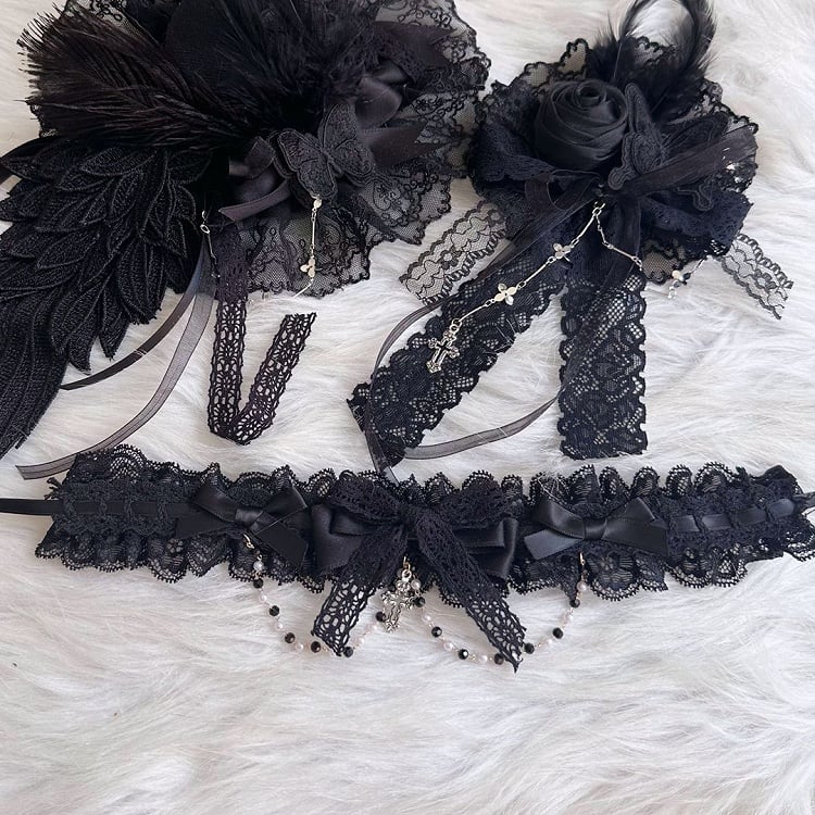 Lace White/Black Chain Bead with Bow and Choker