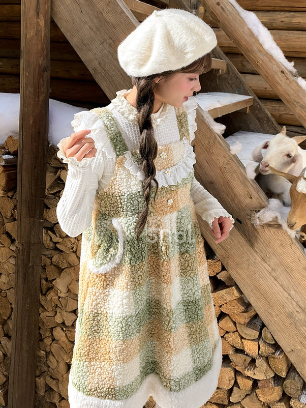 Green Floral Button Details Lace Trim Plaid Fleece Overall Dress with Pockets