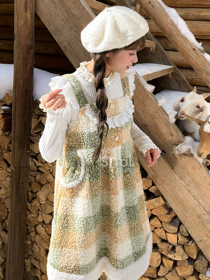 Green Floral Button Details Lace Trim Plaid Fleece Overall Dress with Pockets