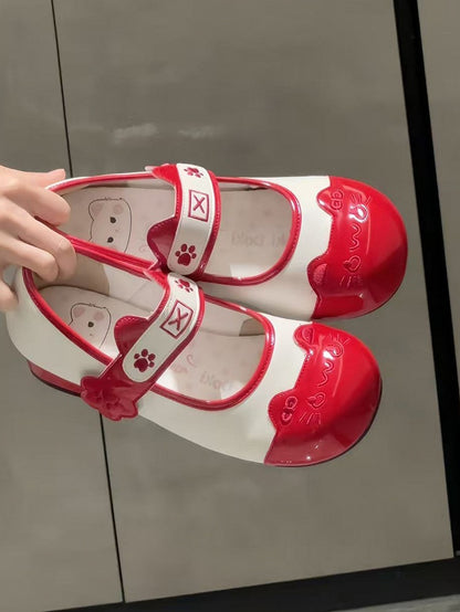 Design Sweet Paw Lolita Stitching Round Toe Shoes Velcro Red Ear with Cat Low-heel