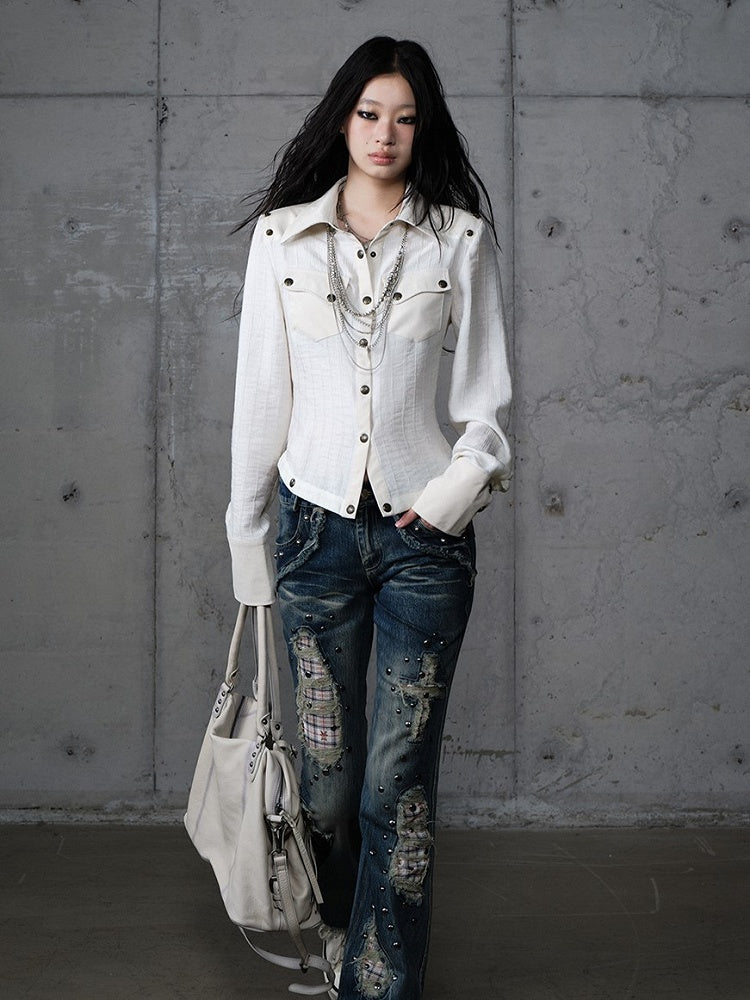 Punk Vintage Detachable Hem Patchwork White Back PU with Shirt Deconstructed