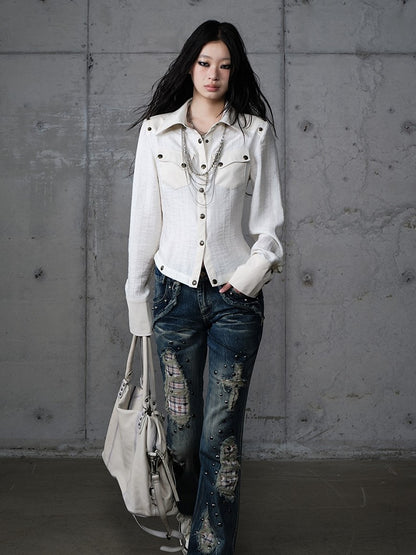 Punk Vintage Detachable Hem Patchwork White Back PU with Shirt Deconstructed