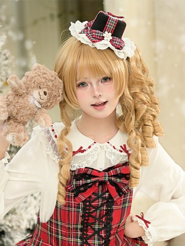 Christmas Red Plaid Lolita Top Hat with Lace Trim and Bow Accent