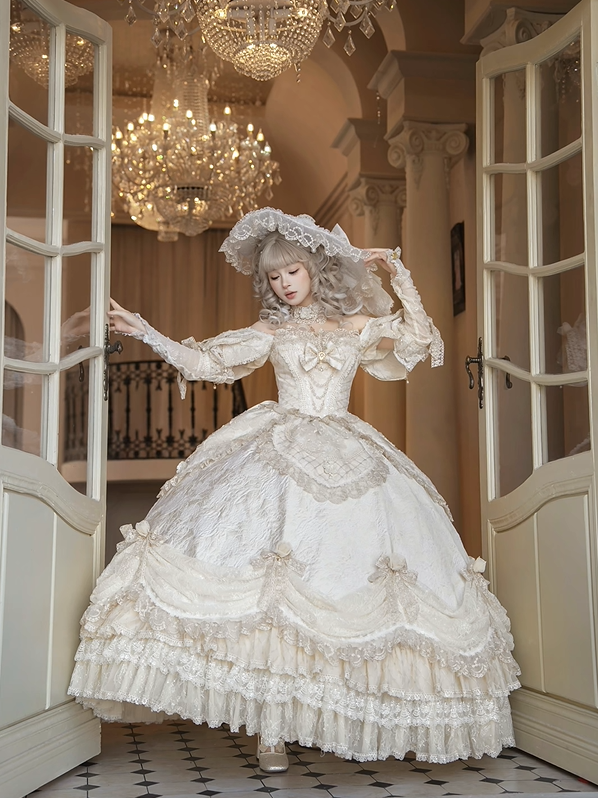 Ruffles Gown Lolita and Version Details Off-Shoulder Hime Hanayome Layered Bow with Champagne Long Lace