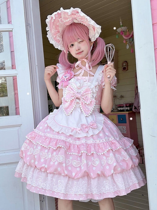 Punkte Quadrat Schürze Weiß Kurze Polka Kleid Lolita mit Ärmeln Ausschnitt Rosa