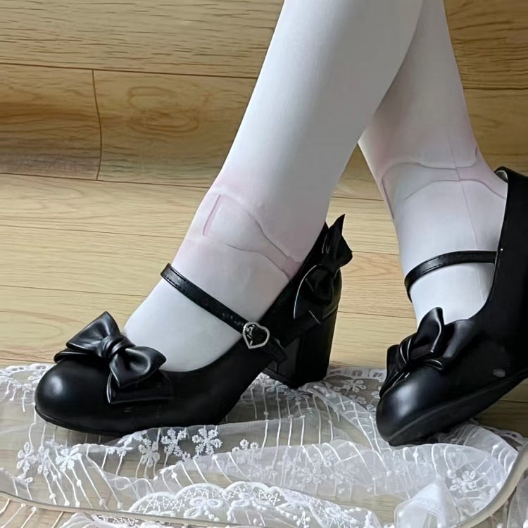PU Mid Snap Black Sweet Decor Lolita Bow Heels Heart with