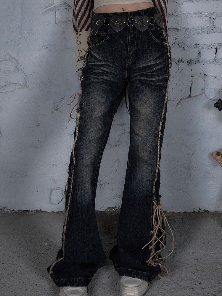 Fishtail Punk Schnürdetail Wasteland Dark Jeans Saum Raw Blue
